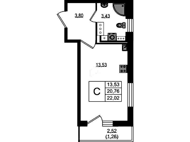 Квартира студия 22.02 м², 12/19 эт., ЖК «Master Place»